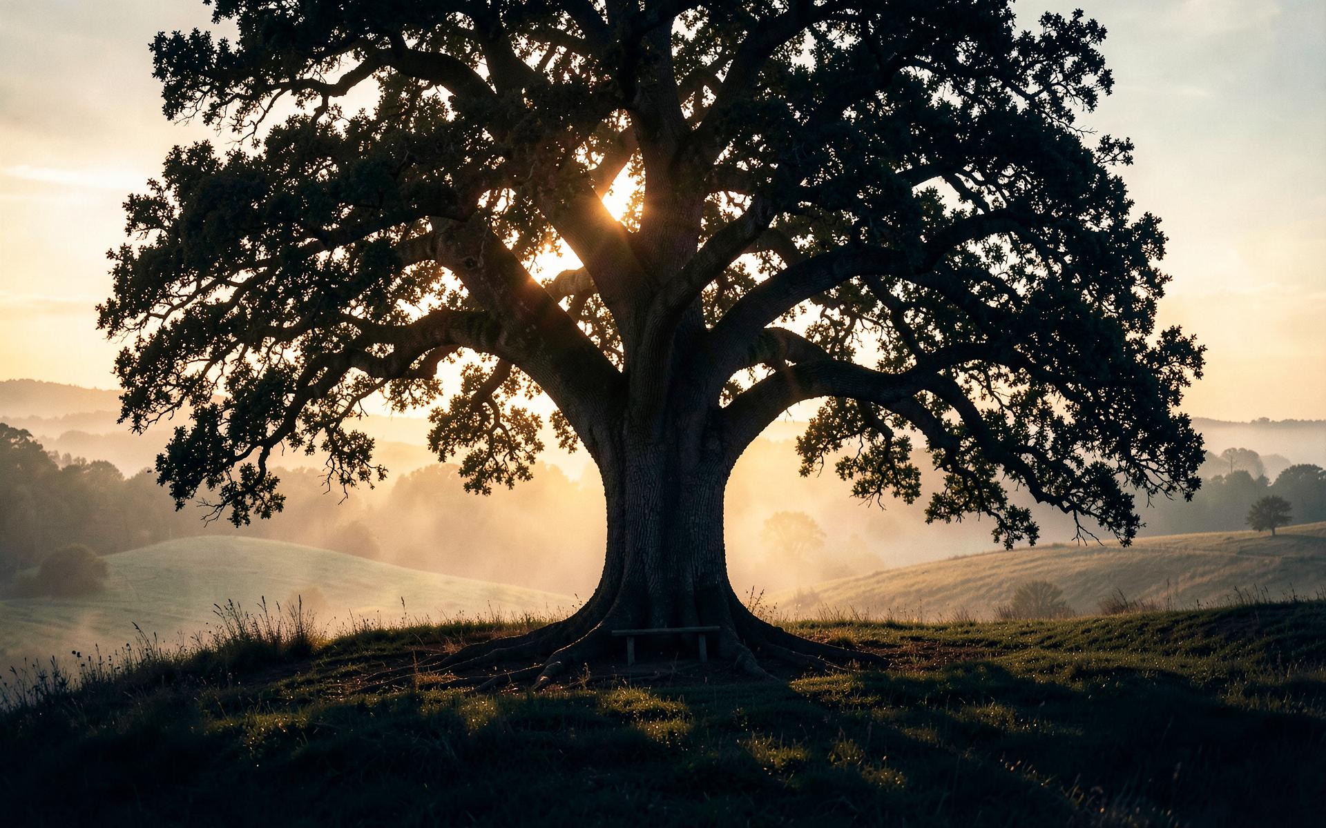A centuries-old oak tree at golden hour, light breaking through its branches over misty fields